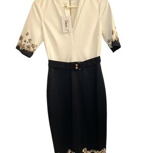 Ted Baker Two-Tone White and Black Midi Dress with Floral Trim